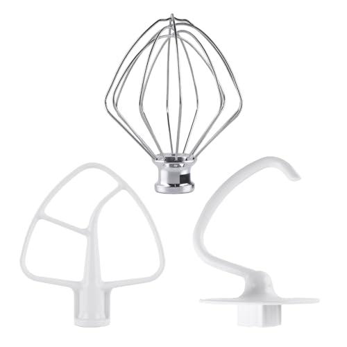3-Piece Kit Attachments for KitchenAid Tilt-Head Stand Mixer, Accessories Stainless Steel K45WW Wire Whip, K45DH Dough Hook and K45B Coated Flat Blade Paddle with Scraper