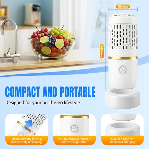 and Fruit Cleaner, Portable Capsule Fruit Vegetable Cleaner, Water Ion Tech, IPX7 Waterproof, Magnetic Charging 10-Min Auto Cycle for Home RV Meat Seafood Grain Cleaning (White)