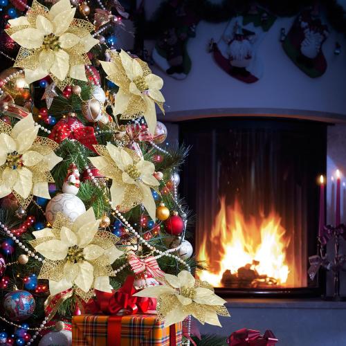 Childom 12 PCS Poinsettia Flower Artificial Poinsettia Christmas Decoration 8.7'' Gold Glitter Poinsettias Christmas Ornaments Xmas Tree Flower Decor with Clips DIY Xmas Wreath Holiday Home Party