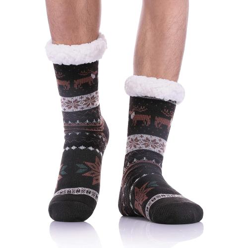 Mens Fuzzy Slipper Socks Soft Warm Fleece Lined Non Slip Winter Socks Black Deer