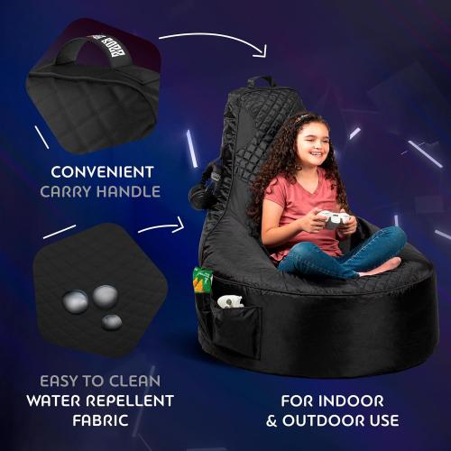 Throne Boss Gaming Bean Bag Chair Cover for Kids with High Back, Black – Floor Gaming Chair Cover, Easy to Clean Fabric, Large Side Pockets, Headphone Hanger, Requires 200 Liters Polystyrene Beans