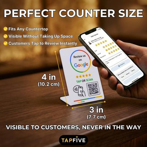 Google Review Stand by TapFive – Tap to Review NFC Tap & QR Code Sign for Restaurants, Salons, Retail & Front Desks | QR Code Stand | No Monthly Fees (White, 3 Stands)