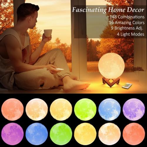 Mydethun 7.1 Inch Large 16 Colors Moon Lamp – 148 Combination Modes, Remote/Touch Control, Rechargeable LED Night Light, Christmas Gifts for Women, Party Favors Décor