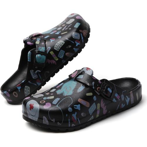 Size 8 Arch Support Nurse Clogs for Women: Non Slip Work Shoes Waterproof Garden Clogs - Adjustable Buckle Mules - Slip-On Cushion Slippers Slides