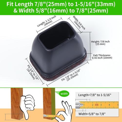 16PCS Small Rectangular Chair Leg Floor Protectors with Felt Pads, Black