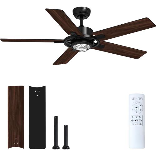 TALOYA 52 Inch Ceiling Fans with Lights and Remote Flush Mount Low Profile for Living Room Farmhouse Bedroom Patio Outdoor Dining Room,DC Motor,Reversible,Buzzer Mute,Dimmable Led Light,Rustic,Black