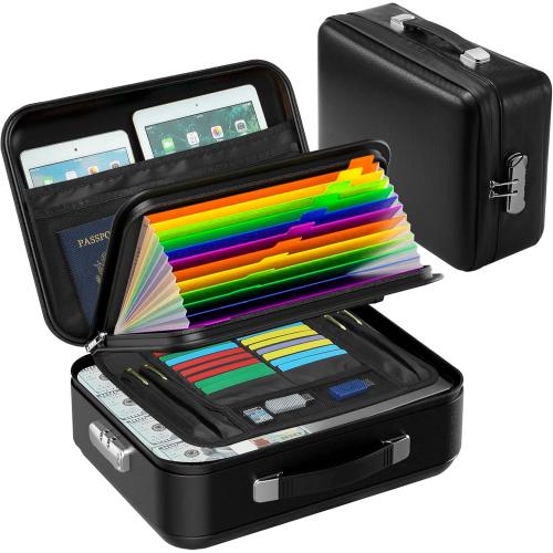 SEEKIND Fireproof Document Box with Lock, Hard-Shell Case File Organizer with Accordion File Folder, Multi-Layer Portable Home Office Travel Safe Box for Important Documents& Valuables (Black)