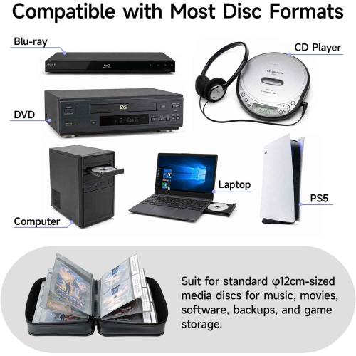 SANWA CD DVD Case Holder - 100 Capacity & 50 Booklet Insert, Portable Blu-ray Binder with Handle & Zipper, EVA Protect Disc Wallet Media Storage for Car, Home, Office, Game Discs, Audio Music, Black