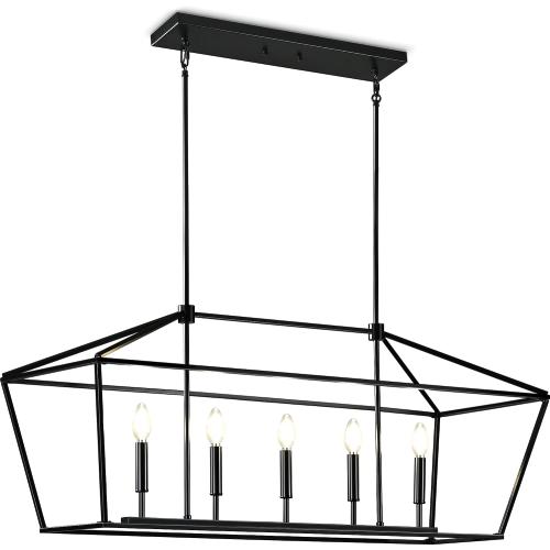 MantoLite Farmhouse Chandelier 5-Lights Black Kitchen Island Dinning Light Fixtures Industrial Height Adjustable Hanging Pendant Lighting Metal E12 Rustic Chandeliers for Dinning Room（No Bulbs）