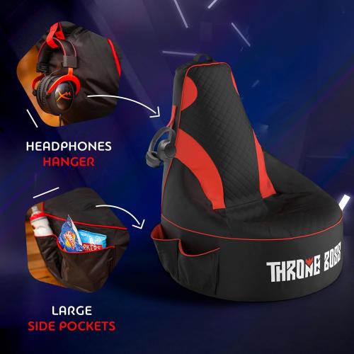 Throne Boss Gaming Bean Bag Chair Cover for Kids with High Back, Red – Floor Gaming Chair Cover, Easy to Clean Fabric, Large Side Pockets, Headphone Hanger, Requires 200 Liters Polystyrene Beans