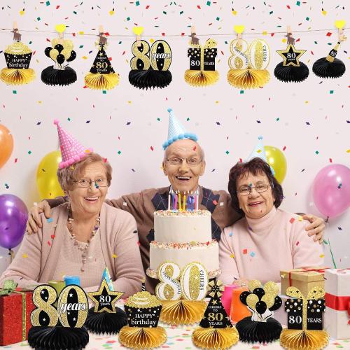 Outus 8 Pieces 80th Birthday Table Decorations for Men and Women, Happy 80th Honeycomb Centerpieces Black Golden 1946 Aged Birthday Party Decorations Tables Toppers for 80 Years Party Supplies