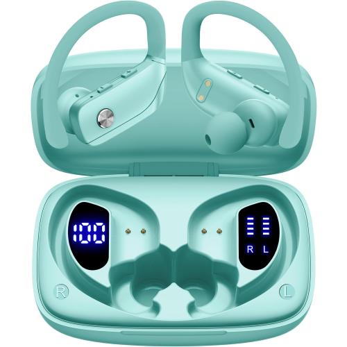 bmani Ear Buds Wireless Earbuds Bluetooth Headphones with 80H Playtime LED Display Case, Over-Ear Hook with Mic, Stereo Sound, Easy Button Controls, Sports Earphones for Running Workout Gym Mint Green