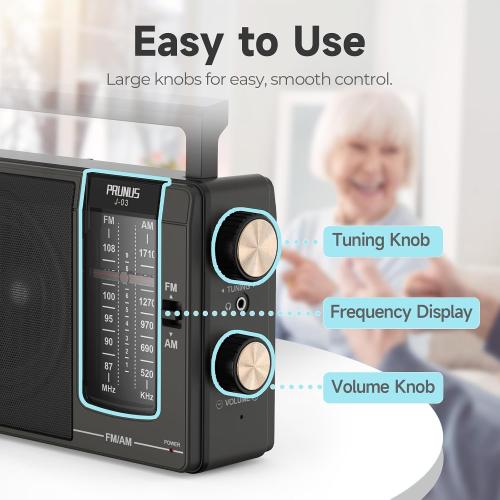 PRUNUS J03 AM FM Radio Portable Plug in Wall or AA Battery Operated for Home/Outdoor, Large Speaker Excellent Sound and Reception, Large Tuning Knobs, Gifts for Seniors, No,Internet Radio/Shower Radio