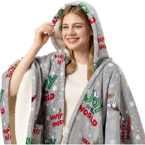 Berkshire Blanket Peanuts® Sherpa Wearable Blanket Hoodie, Cute Character Snoopy Plush Hooded Shawl Blanket