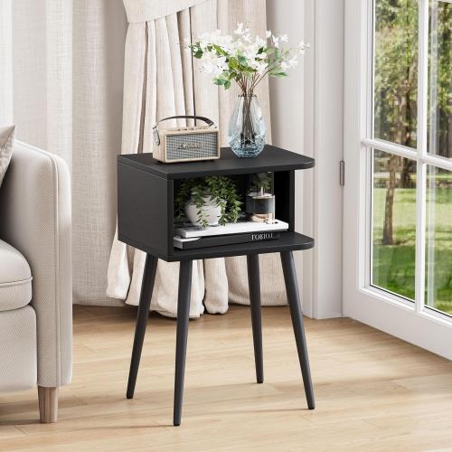 Black Nightstand Set of 2, Small Bed Side Table for Small Spaces, Mid Century Modern Nightstand End Table with Open Storage, Side Table for Bedroom Living Room, MLBZ20B-2