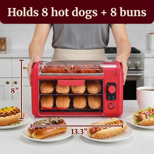 Elite Gourmet 8-Hot Dog Roller/Toaster Oven, 5 Rollers, Auto Shut-Off, Red
