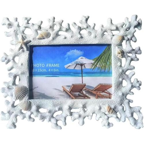 4x6 Coral Shell Picture Frame, White Resin Beach Decor
