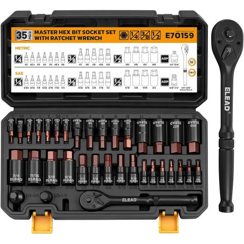 35-Piece Master Hex Bit Socket Set, 1/4, 3/8, 1/2 Drive Allen Socket Set H2-H19, 5/16-3/4, Premium CR-V & S2 Alloy Steel, Ratchet Wrench, Sockets Adapter, High Torque for Automotive Mechanic