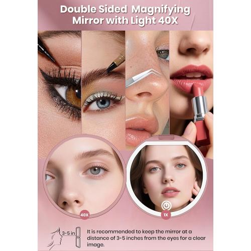 Magnifying Mirror, Rechargeable Compact Makeup Mirror with Light 40X Rose