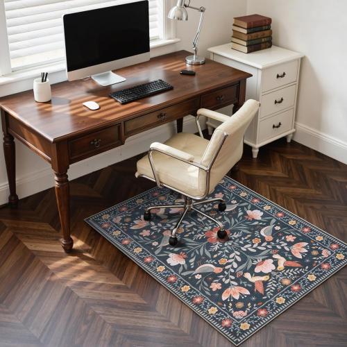 Anidaroel 36x48 Office Chair Mat for Hardwood Floor, Black Floral Computer Chair Mat, Anti-Slip Vintage Under Desk Rug for Office, Low Pile Bird Bug Office Rugs for Rolling Chairs