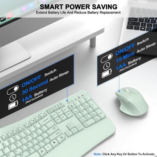 Wireless Keyboard and Mouse Combo, 2.4G Ergonomic Wave Key(Avocado Green)