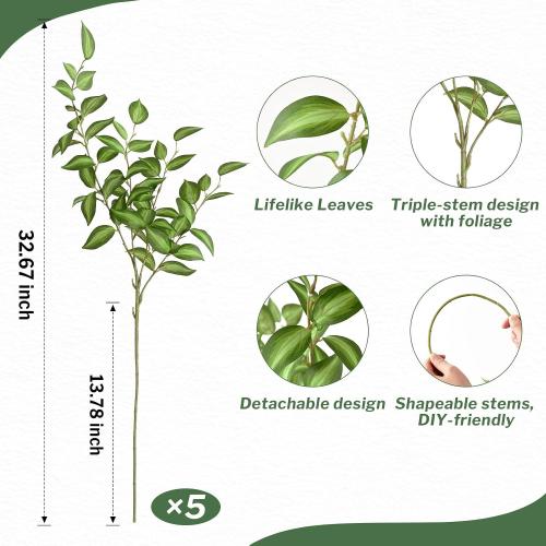 Waipfaru 5PCS Greenery Stems for Vases, 32.7 inch Artificial Eucalyptus Green Fake Leaves Branches, Faux Olive Silk Plants for Centerpieces Vase Filler Home Kitchen Decor