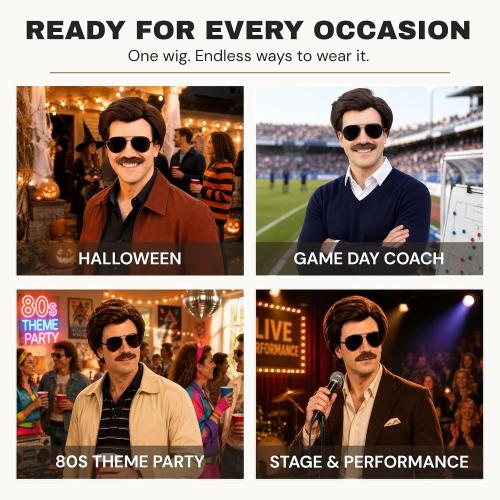 Short Brown Men Wig with Msutache and Sunglasses for 70s 80s Costume Cosplay Halloween Party