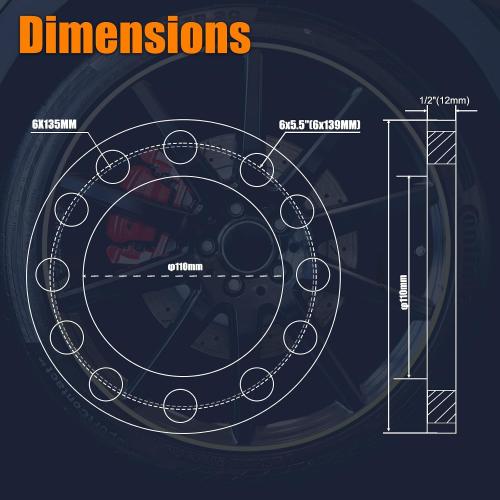 GAsupply 12mm 6x5.5 6x135 6x139.7 Universal Wheel Spacers, 110mm Hub Bore 2pc