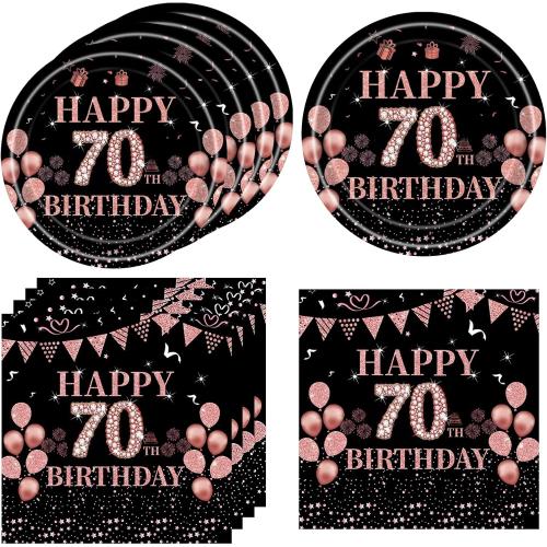 70th birthday decorations for women Black and Rose Gold Pink Birthday supplies Plates and Napkins,Vintage 1953 Aged Birthday Party Decorations Disposable tableware set for Girls 70th Class Reunion