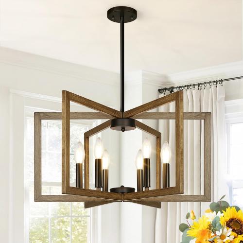 25-61 Height Adjustable Retro Wood Texture Chandelier for Dining Room, No Assembly Required Dining Room Light Fixture Over Table, Industrial Metal Pendant Lights Fixture for Kitchen Island