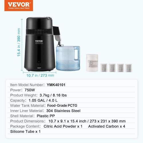 VEVOR Water Distiller, 4L/ 1.05 Gallon Pure Water Distilling for Home Countertop, 750W Distilled Water Maker, 304 Stainless Steel Interior Stiller Water Making Machine to Make Clean Water, Black