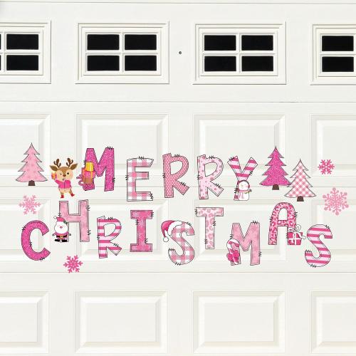 Whaline 22Pcs Merry Christmas Garage Door Magnets Decoration Pink Xmas Tree Santa Snowflake Garage Door Decals Cartoon Magnetic Refrigerator Stickers for Outdoor Party Home Car