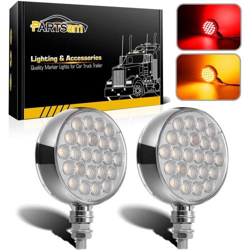 Partsam 2Pcs Double Face Round LED Pedestal Lights Fender Stop Turn Signal Tail Brake Lights Clear Lens 48 LED Post Mount Semi Trailer Replacement for Trailers Trucks, 10-30V