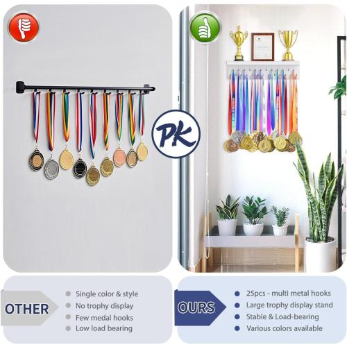 Medal Holder Display Trophy Shelf Organizer, Sturdy Wooden Race Award Hanger Rack with 25 Steel Hooks, Wall Mount Storage Stand for Sports Fans, Cheer Success