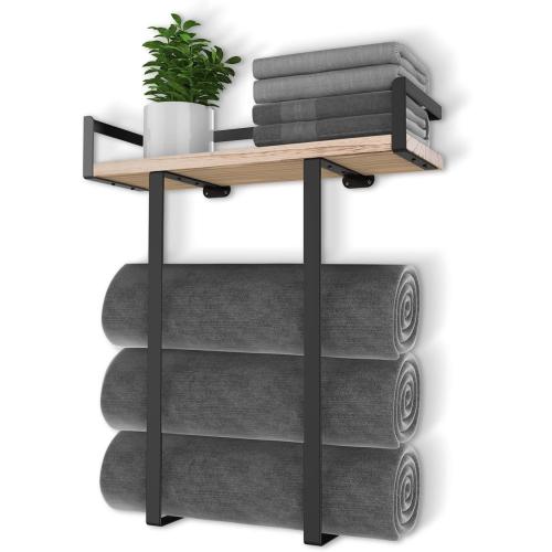 Xstydes Towel Racks for Bathroom Wall Mounted, Metal Towel Holder with Wooden Shelf for Folding Large Towels, Towel Storage for Small Bathroom Organizer Decor or RV Camping