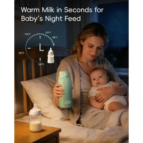 Portable Bottle Warmer for Travel, Baby Milk Warmer with Fast Heating & Long Battery Life, 17 Ounces Large Capacity Bottle Warmer with Long-Lasting Keep Warm Function (Green)