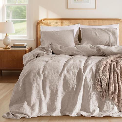 LBRO2M 100% French Linen Duvet Cover Set 3Pcs, Comforter Cover King Size