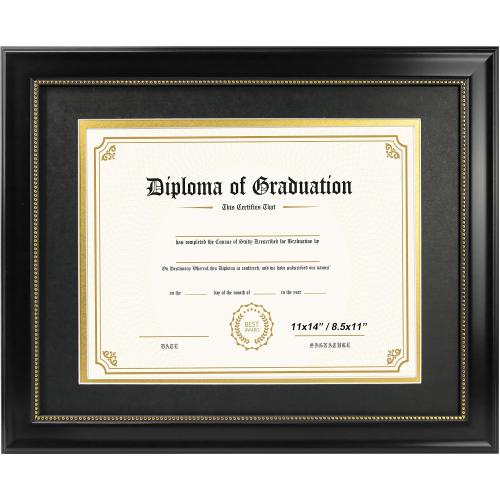 8.5x11 Diploma Frame with Black over Gold Mat, 11x14 Document without Mat
