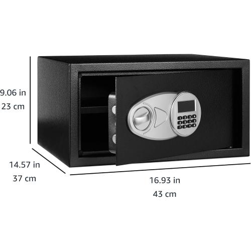 Amazon Basics Steel Security Safe and Lock Box with Programmable Electronic Keypad, for Valuables, Cash, Jewelry, Documents, Black, 1 Cubic Foot, 16.9-x-14.6-x-9.1-inches (WxDxH)
