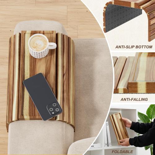 ZUJJAFY Sofa Arm Tray, Acacia Wood Folding Couch Armrest Table, Anti-Falling Armrest Tables Cup Holder for Snacks, Drinks, Beers, Phone, Control, Flexible and Portable, Anti-Slip Bottom