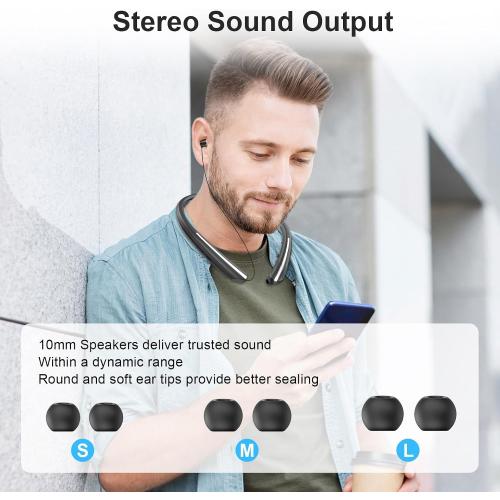 Bluetooth 5.0 Neckband Bluetooth Headphone, Sweat Resistant Noise Cancelling Stereo Headphones, and Retractable Ear Tips for Music, Conference, Videos (Black)