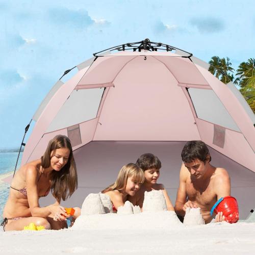 X-Large 4-Person UV Beach Tent with 6 Sand Pockets, Pink | Quick setup shade includes a carrying bag, stakes and weighted corners for windy days, fishing trips, hiking and camping.