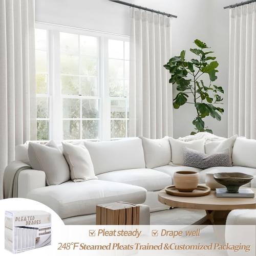 102 Inch Long Curtains for Living/Dining Room, Elegant Pinch Pleated Linen Curtain 102 inches Light Filter Privacy That Let Light in Cortinas para Sala Modernas 2 Panels Set Beige White