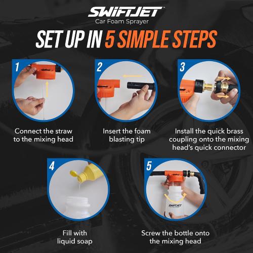 SwiftJet Car Wash Foam Gun   Microfiber Wash Mitt - Foam Cannon Works with Any Soap - Garden Hose Car Foam Sprayer - Car Wash Kit - Car Accessories Foam Blaster (Orange Foam Gun with Mitt) | No pressure washer needed, get thick soapy foam at home! Perfect for cars, rv's, boats and motorcycles