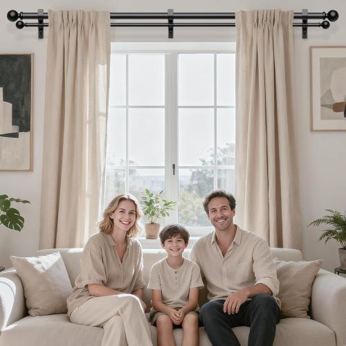36-122 Inch Double Curtain Rod, Matte Black Heavy Duty Dual Rods