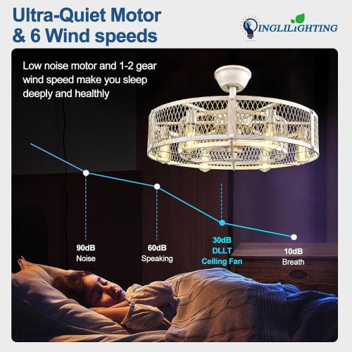 DLLT Caged Ceiling Fan with Lights: 26 Large Bladeless Fandelier with Light and Remote - Cement Industrial Chandelier Fan Light Semi Flush Mount Rustic Enclosed Fans Bedroom Dining Room Kitchen