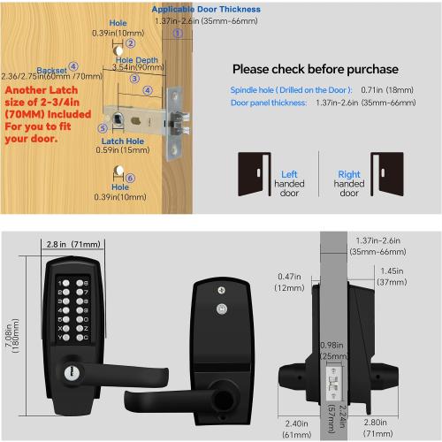 Mechanical keyless Lock Optional 2-3/8 or 2-3/4 Deadlatch, Matte Black
