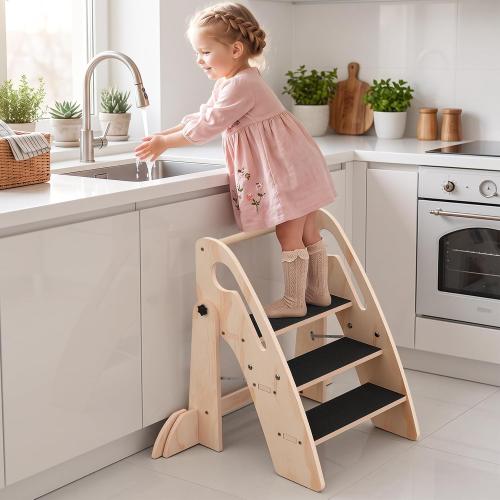 Toddler Step Stool, Wooden Foldable 3-Step Stool for Kids, Potty Training Stool with Handles and Non-Slip Strips for Bathroom Sink, Kitchen, Bedroom