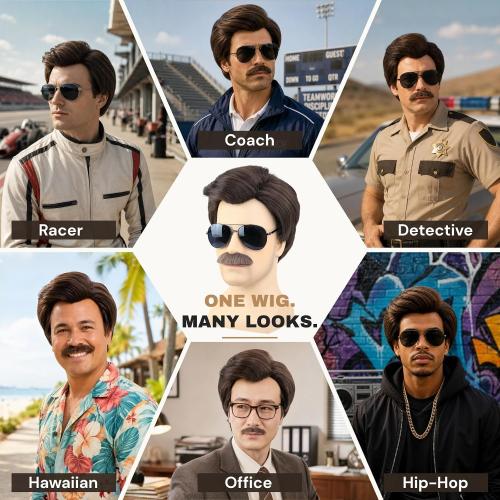 Short Brown Men Wig with Msutache and Sunglasses for 70s 80s Costume Cosplay Halloween Party