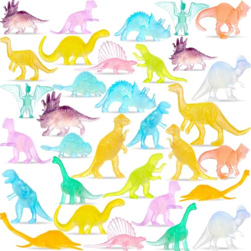 Skylety 32 Pcs Glow in Dark Mini Dinosaur Figures for Kids Dinosaur Cupcake Topper Birthday Party Favors Supplies Dino Pinata Goodie Bags Stuffers Classroom Prizes Carnival Bulk Toy Gift